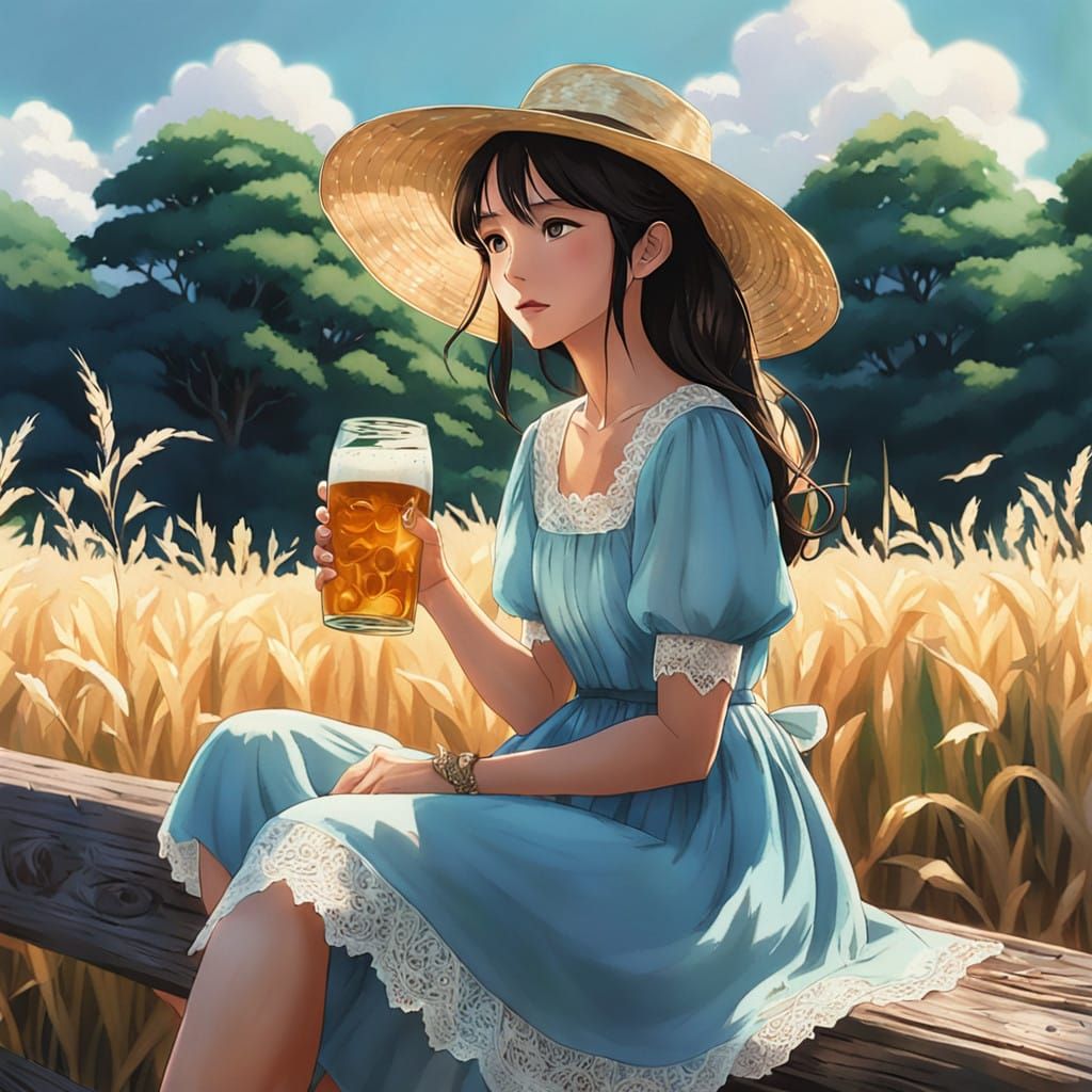 Serene Country Girl Sits in Sun-Kissed Cornfield with Beer