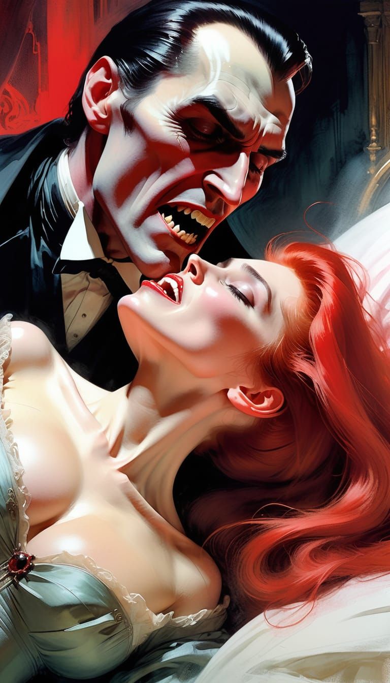 Dracula Attacks Sleeping Woman in Mixed Media Style