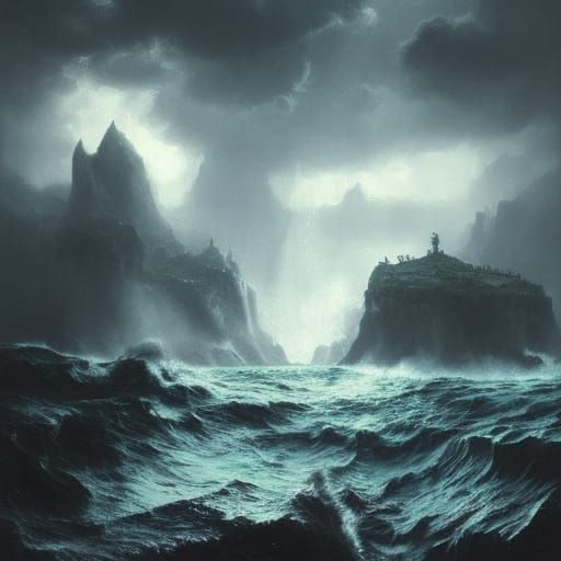 Floating Skull Island with Waterfalls, Digital Illustration