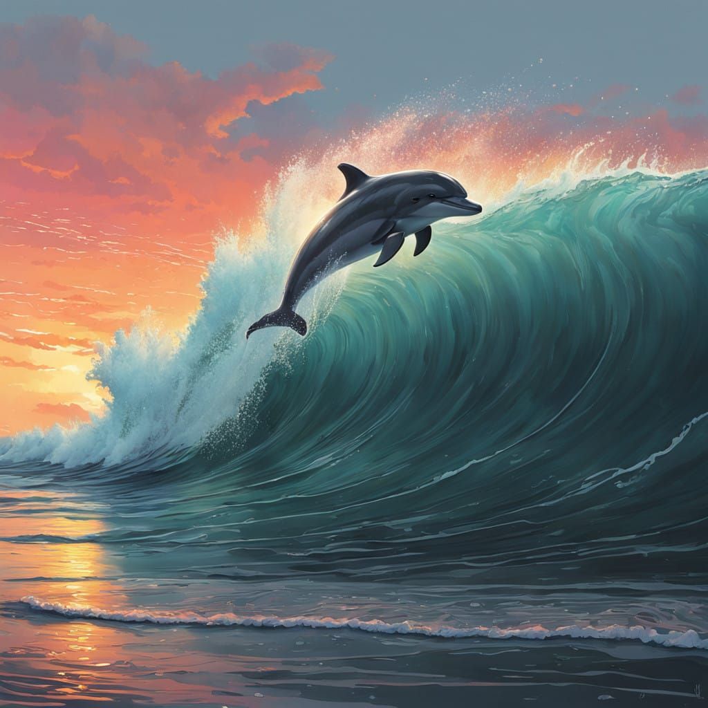 Sleek Dolphin Surfs Futuristic Wave at Vibrant Sunset
