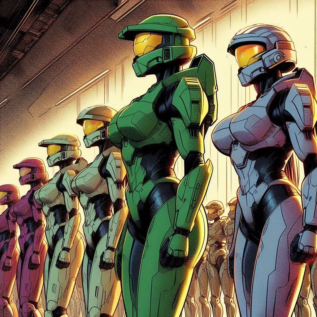 Halo Spartans in Sci-Fi Military Base, Anime Comic Art