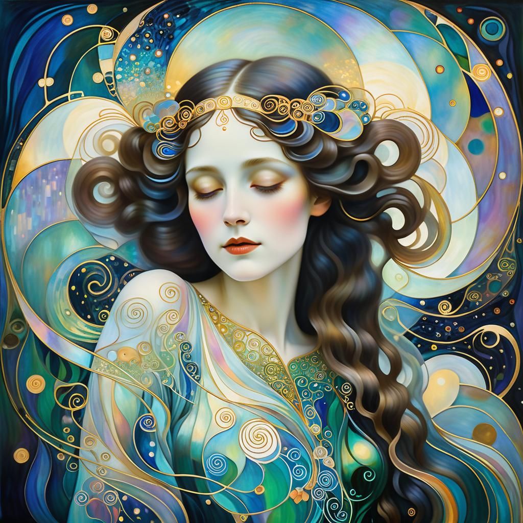 Ethereal Woman in Shimmering Symbolist Portrait