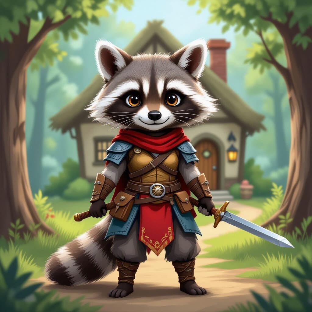 Randi the Racoon Warrior in Fantasy Forest Home