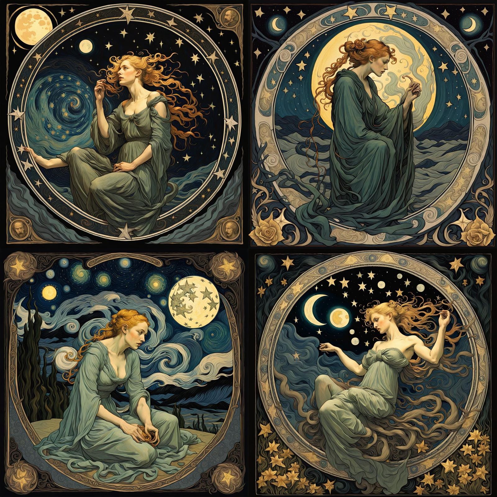 Dark Ritual in Styles of Van Gogh, Mucha, Blake