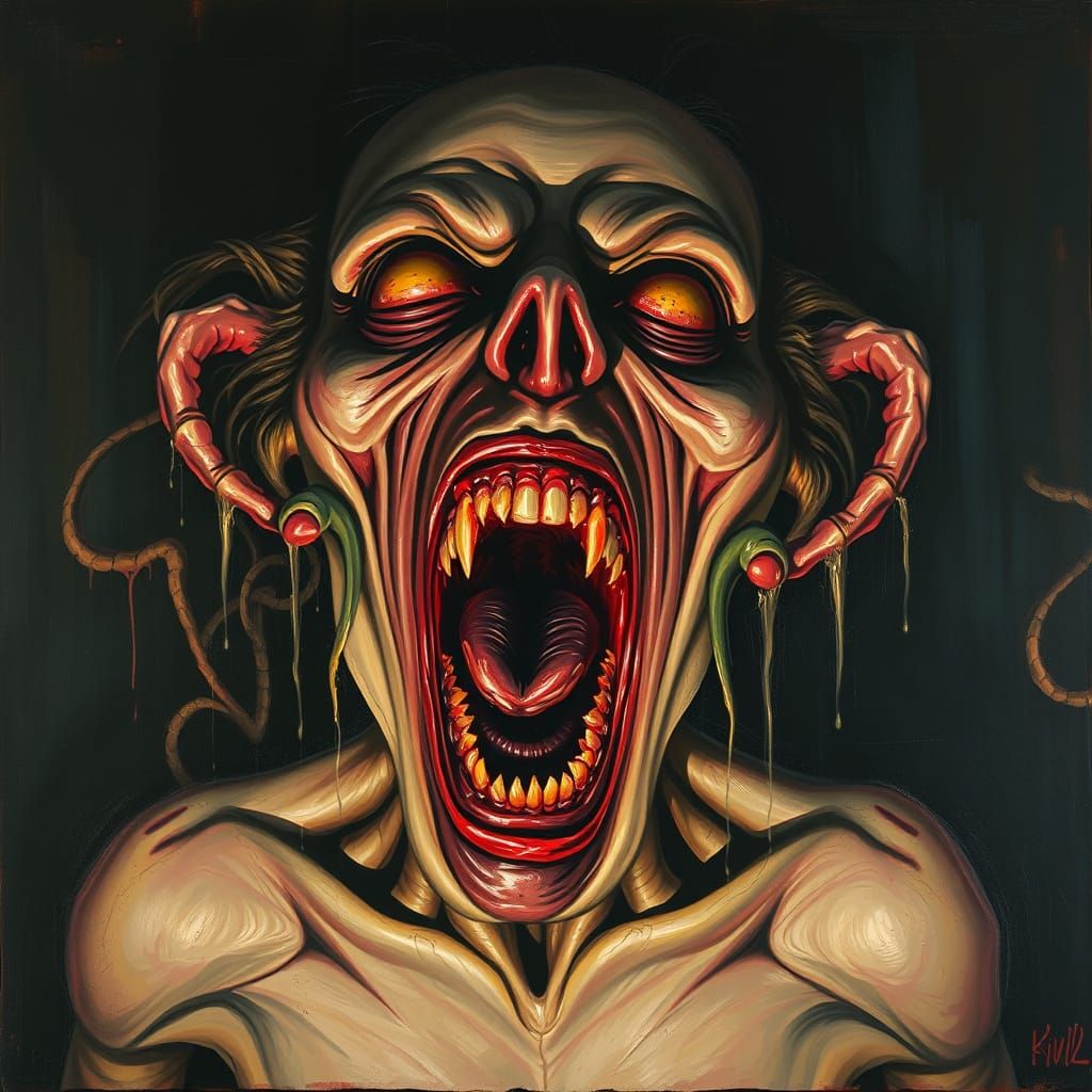 Grotesque Impasto Horror Creature in a Dark, Nightmarish Atm...