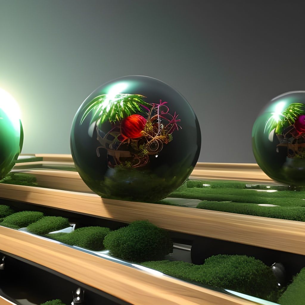 Glowing Mechanical Landscape with Floating Orbs