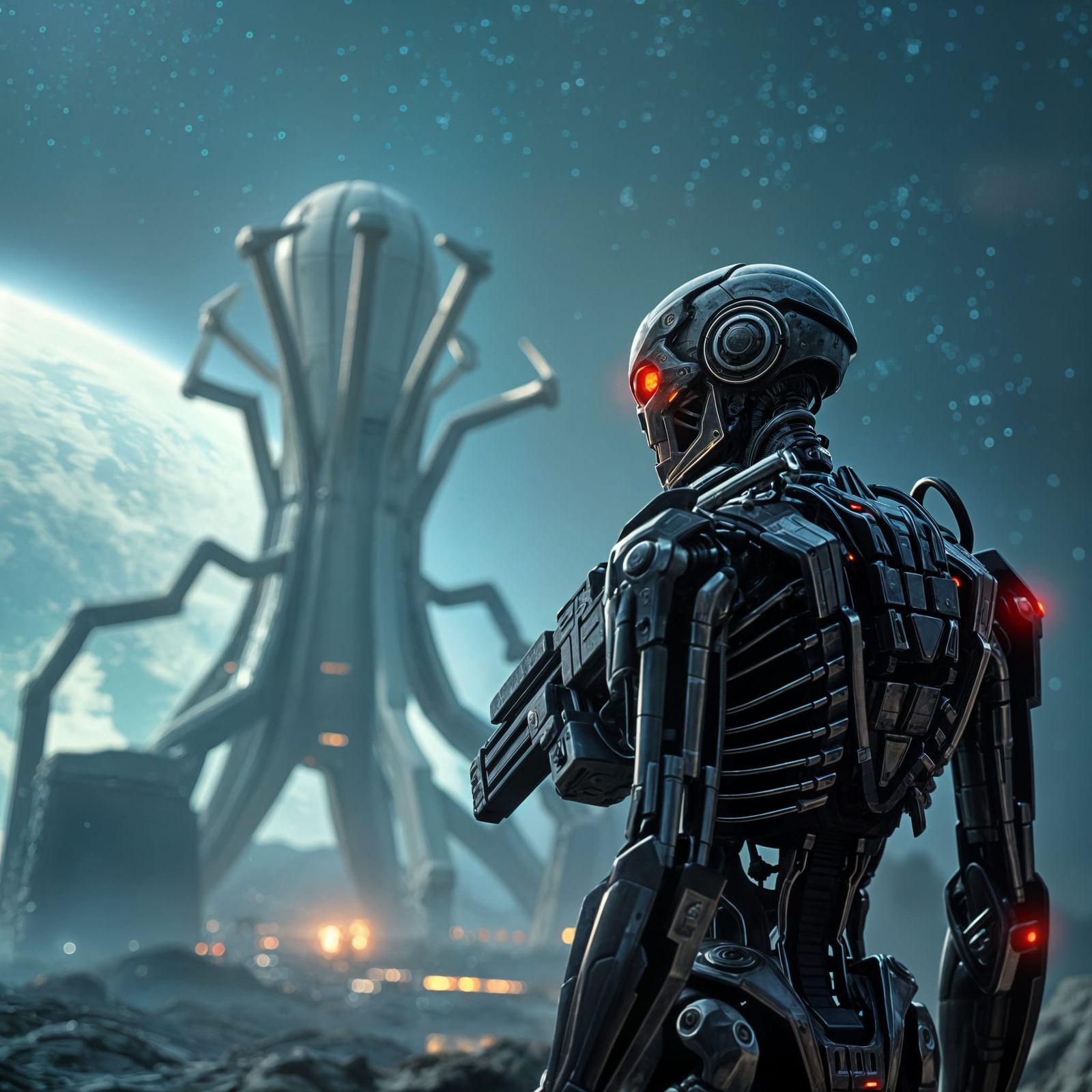 Cyberpunk Metal Terminator Contemplates Mysterious Alien Pla...