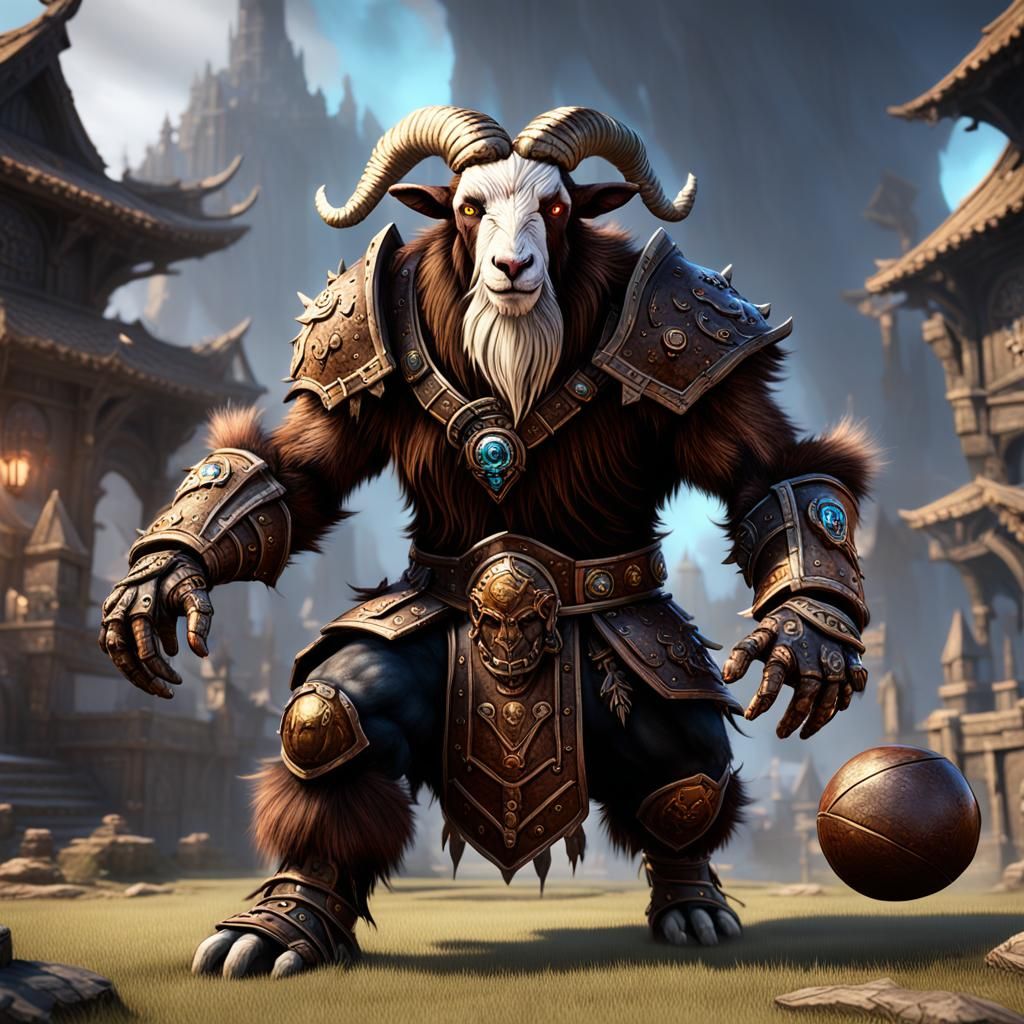 Blood bowl player, goatman, brown fur, brown armor, detailed...