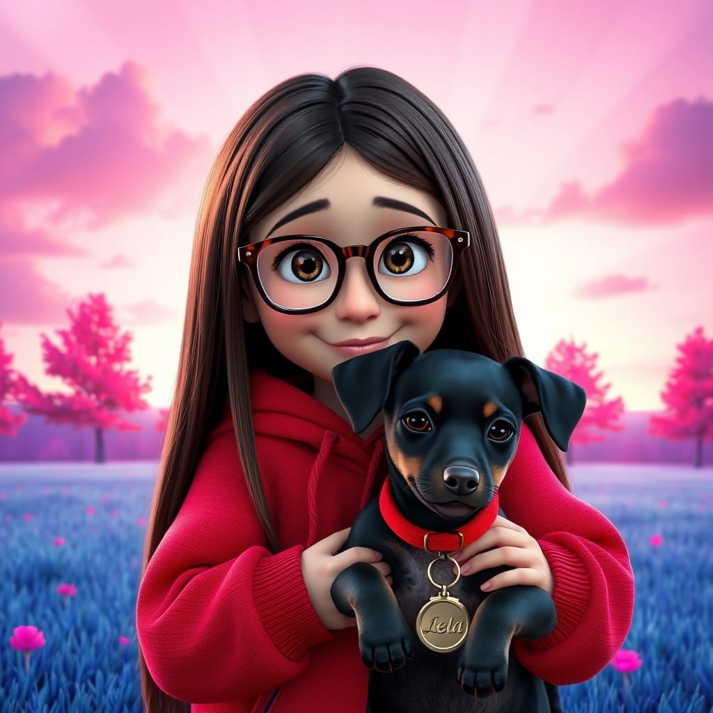 A Disney Pixar-style 3D render of a 4-year-old girl named Vitória Lessi Martins with super long straight brown hair casc...