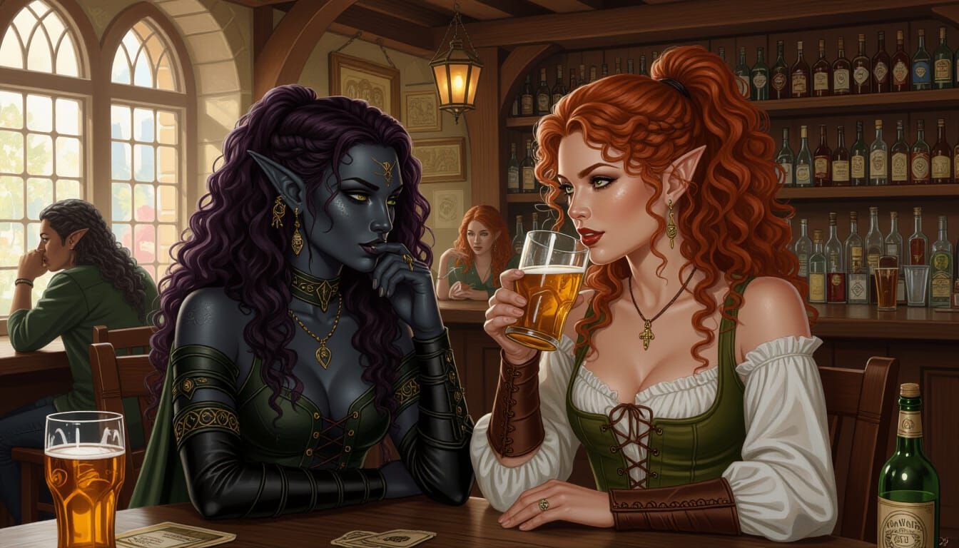 human female with curly red hair pulled into a ponytail drin...