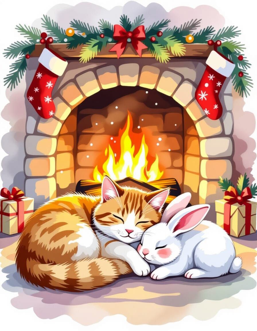 Dreamy Watercolor Painting of Cat and Bunny by Fireplace