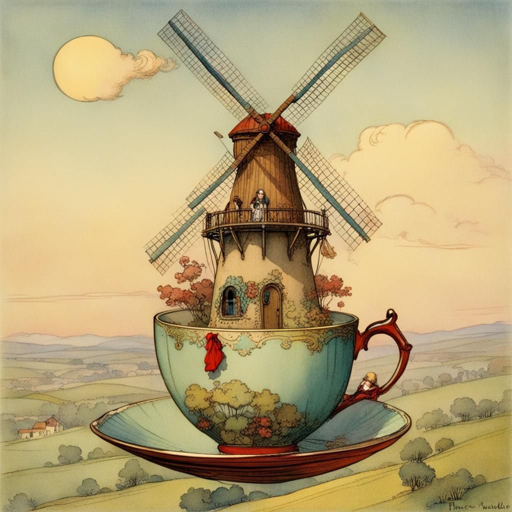 Windmill Balloon Teacup: Art Nouveau Illustration