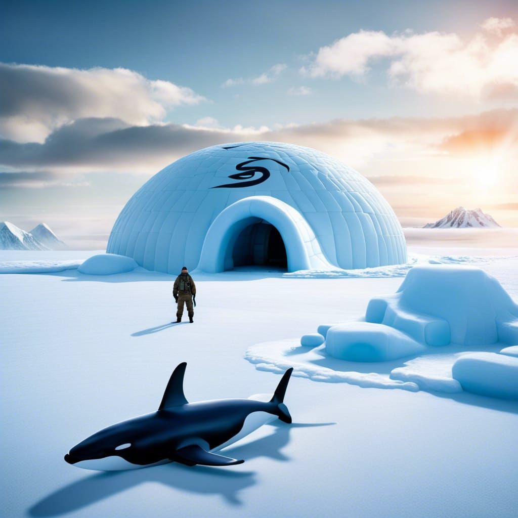 Igloo Beside Killer Whale in Frozen Tundra
