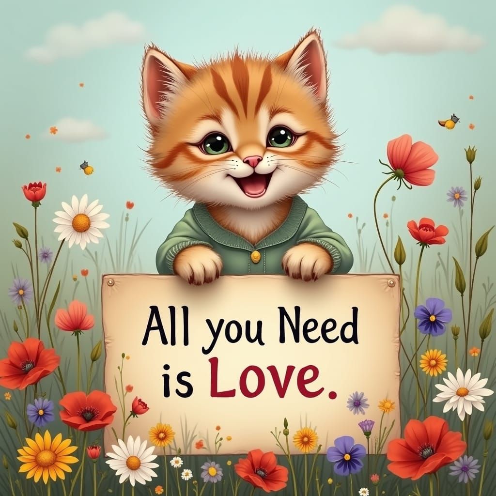 Kitten in Pajamas With Love Sign and Flowers