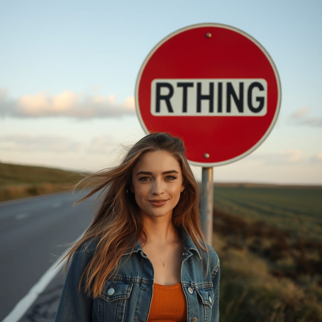 Beautiful Woman at Farthing Road Sign