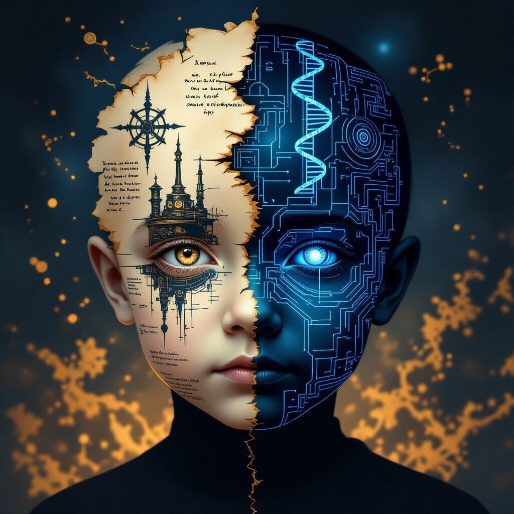 Child's Head Silhouette: Parchment Meets Circuits