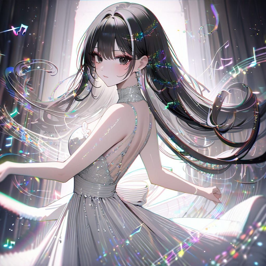 Anime Girl with Glittery Hair and Music Notes