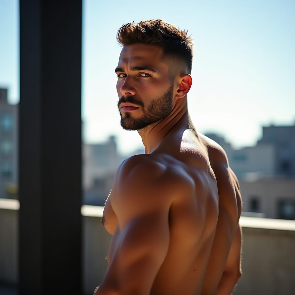 Muscular Man's Intense Golden Hour Portrait