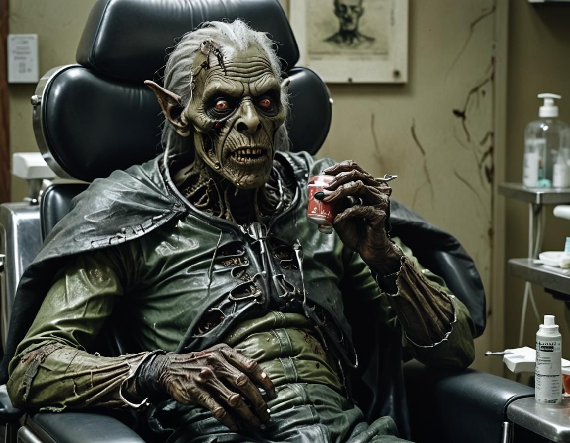 Zombie Elf in Dentist Chair: Dark Fantasy Art