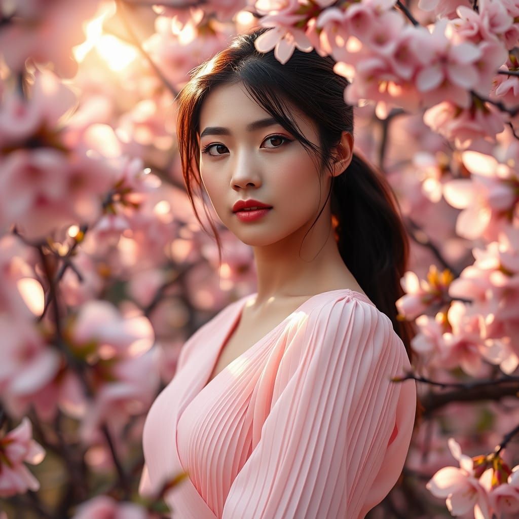 Vietnamese Woman in Peach Blossom Forest Portrait
