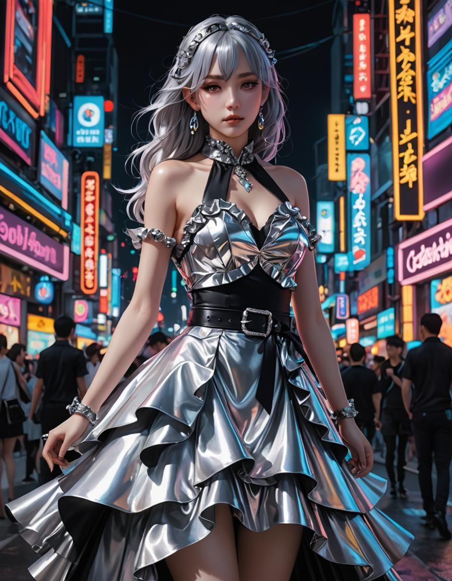 Silver Gothic Dress in Neon Lights: 3D Anime Art