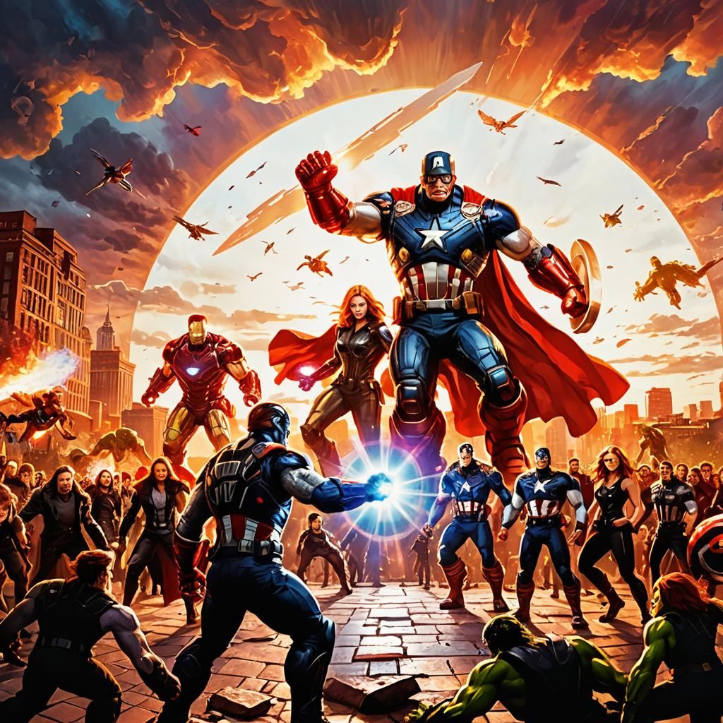 The Avengers Team in City Square: Digital Oil Painting
