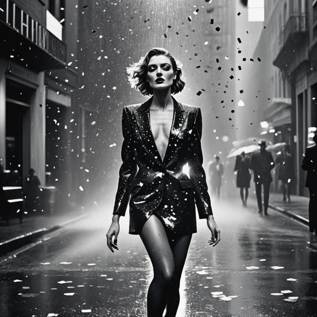 Confetti Shower: High-Fashion Black and White Photography