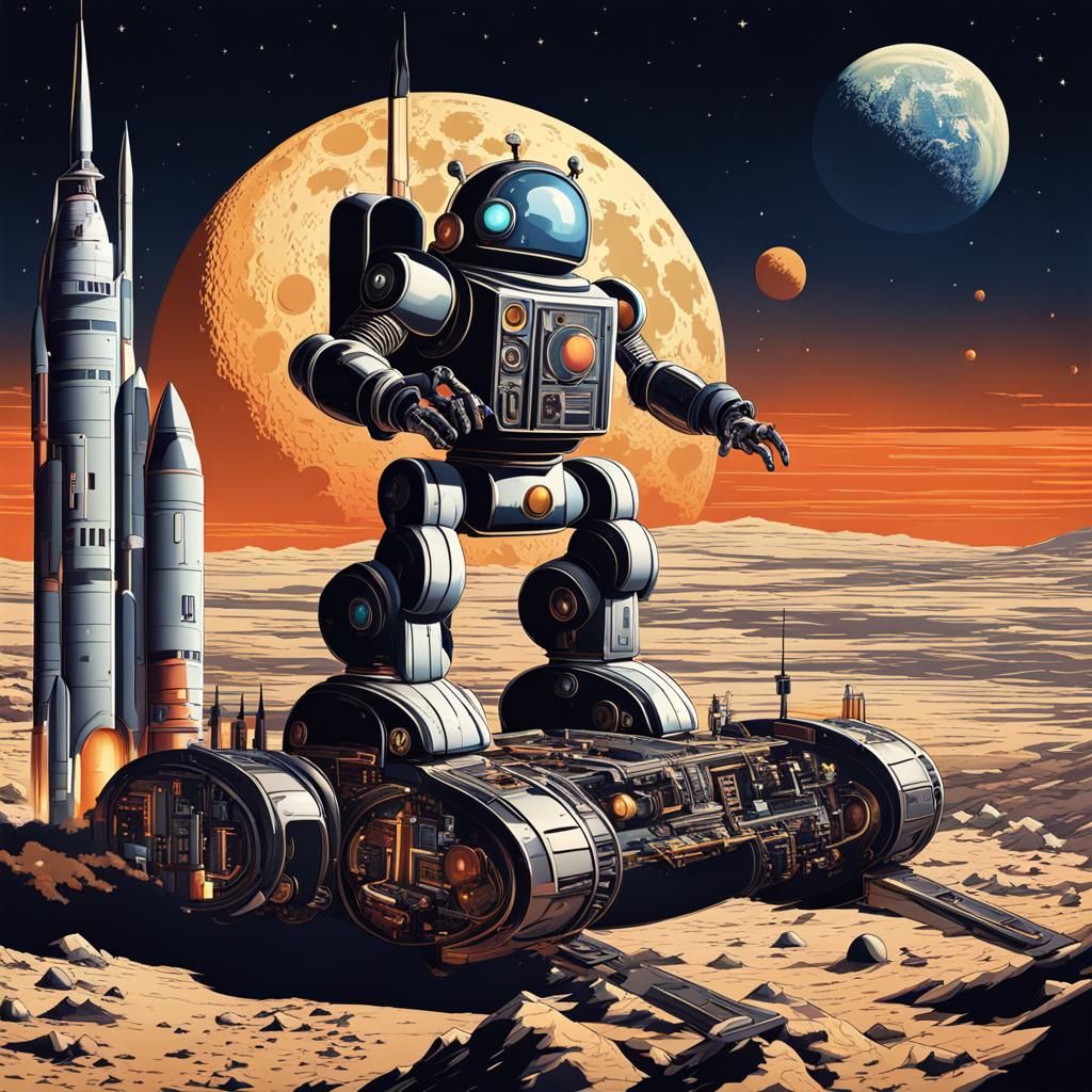 Art Deco Robot Repairs Rocket on the Moon