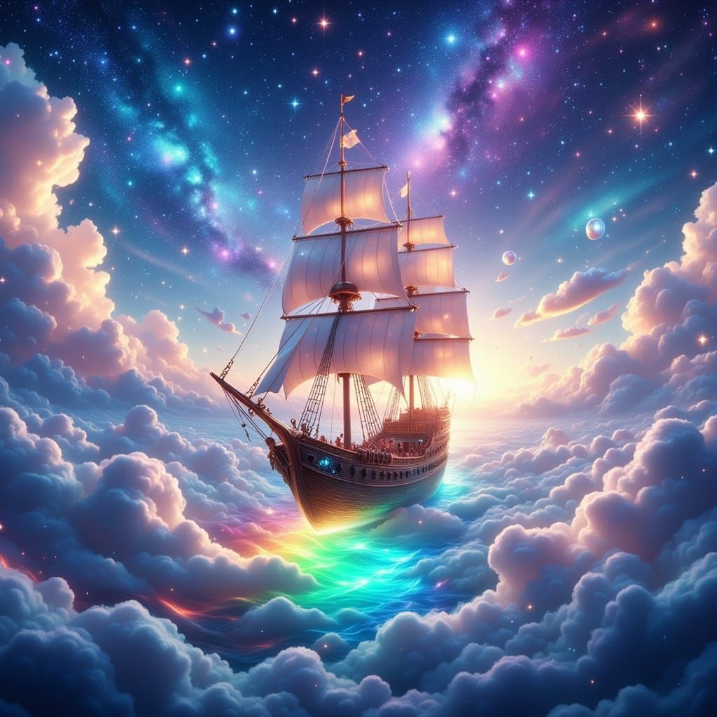 Epic Sailing Ship Soars on Rainbow Wave Among Stars