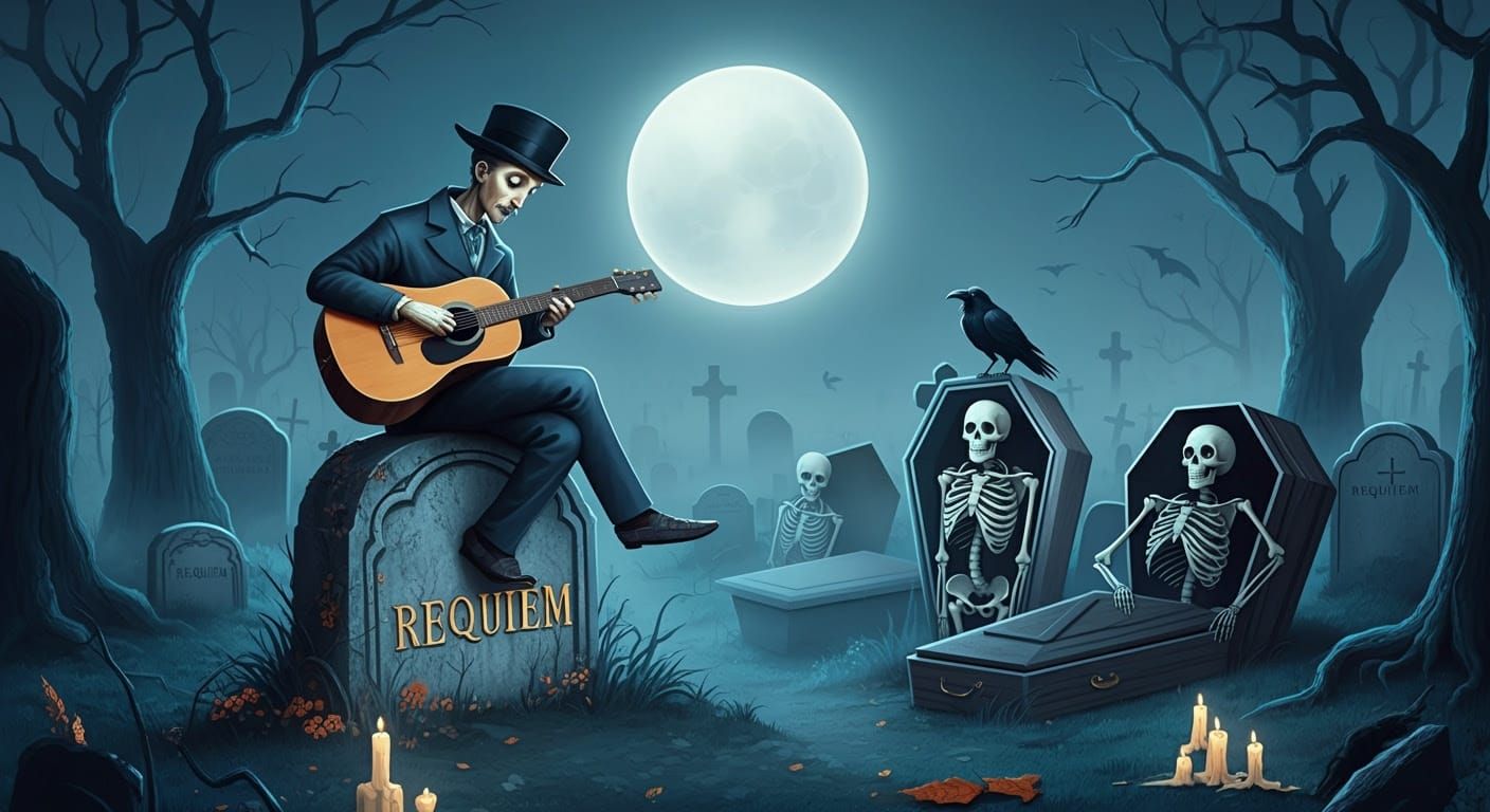 Blues Guitarist's Graveyard Serenade in Burtonesque Style