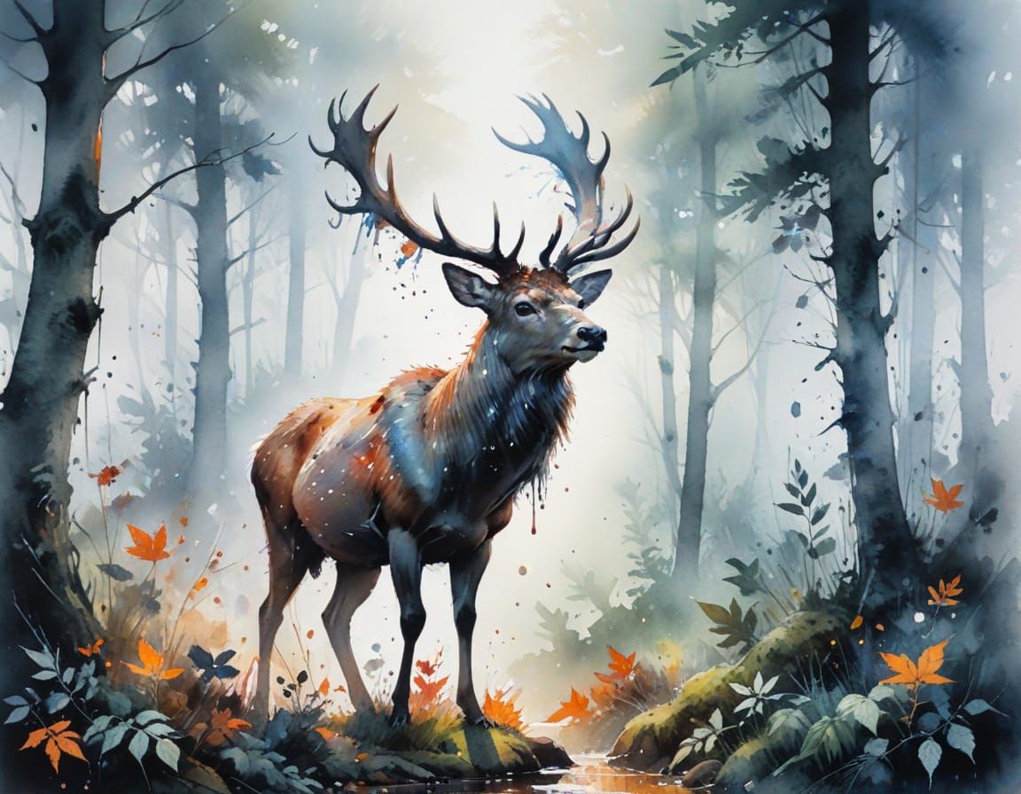 Stag in Morning Mist, Watercolour Painting