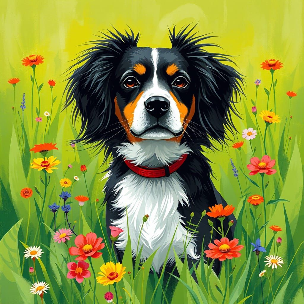 Vibrant Canine in a Lush Meadow