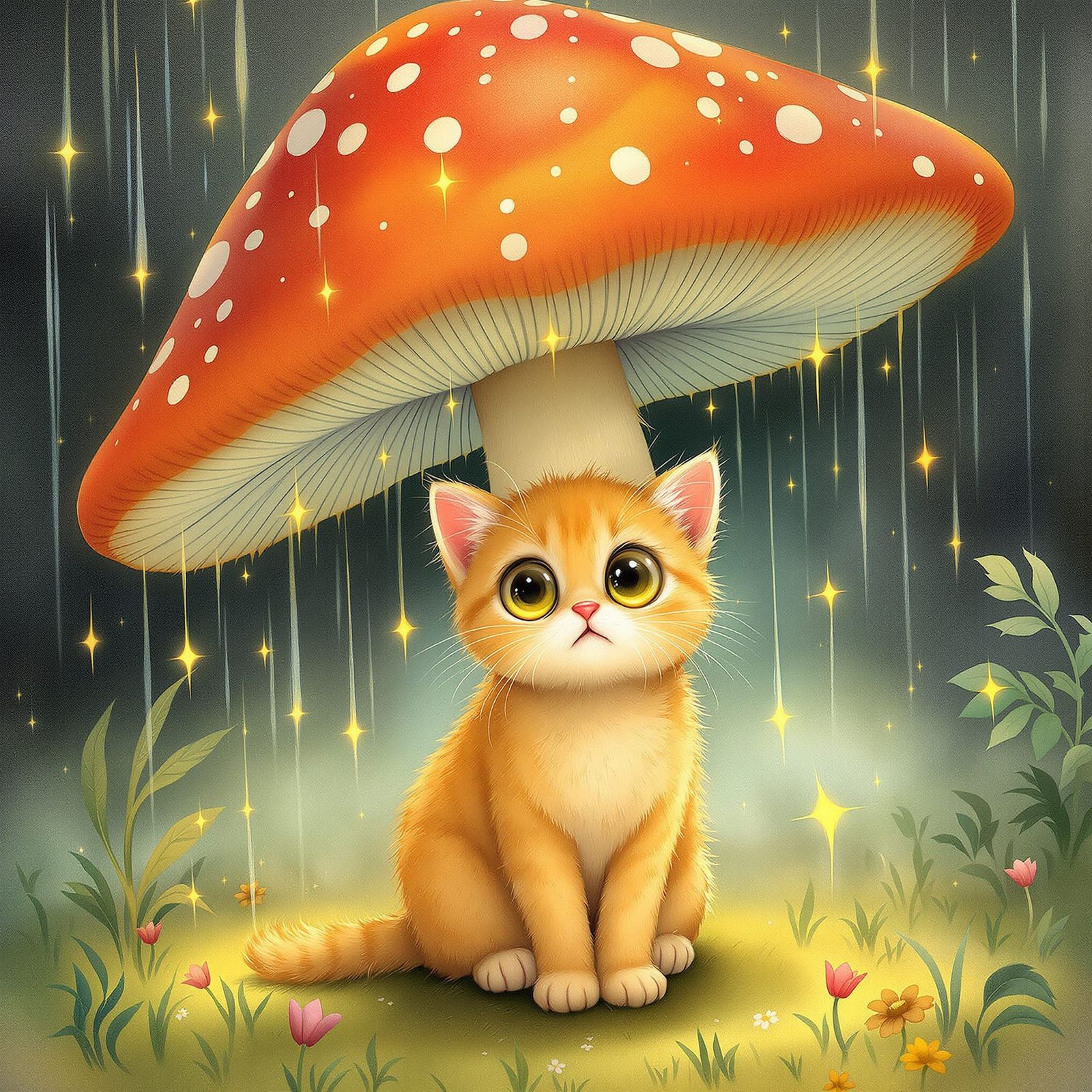 Whimsical Kitten Under Mushroom Umbrella in Golden Rain