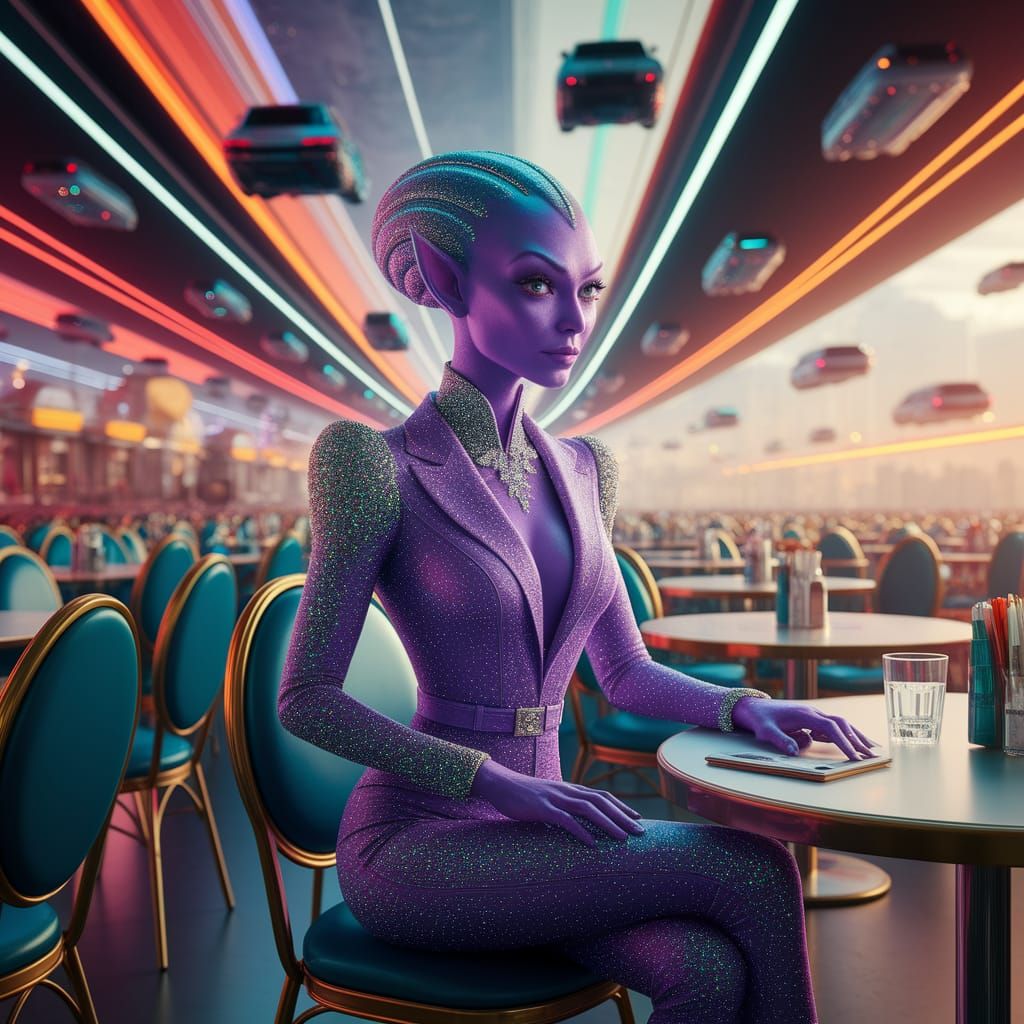 Ethereal Alien Cafe Scene in Vibrant Neon