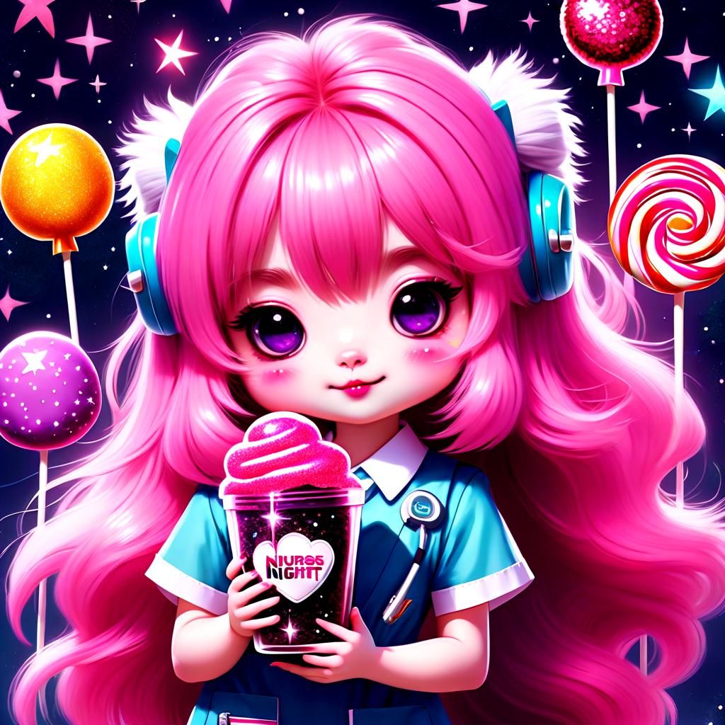 Pink Monster Nurse with Eggplant in Starry Night