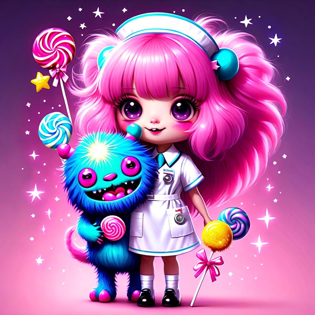Cute Pink Monster Nurse in Starry Night
