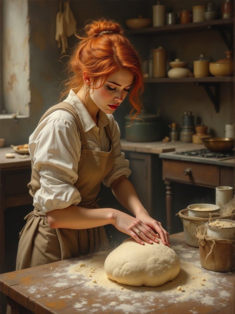1500s Baker Kneading Dough in Bustling Kitchen