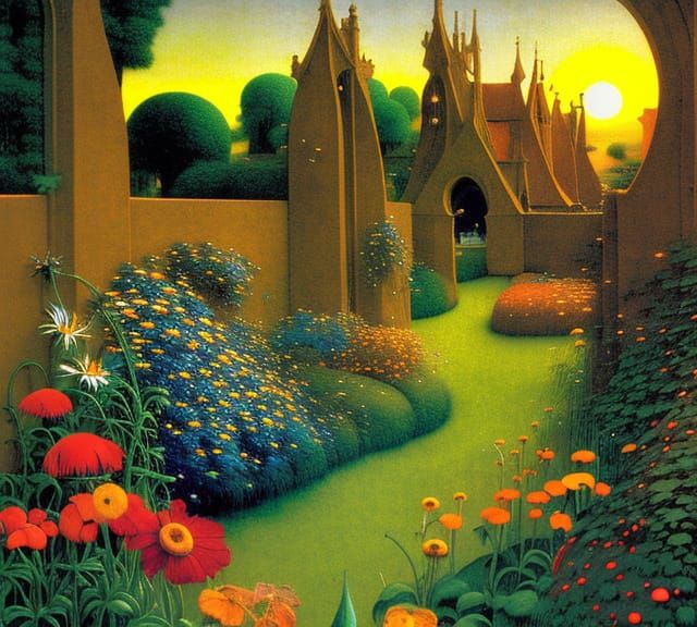 Sunrise Garden: Wildflowers and Gothic Archways