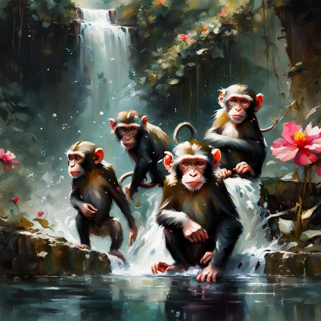 Monkeys Play by Waterfall in Detailed Matte Painting