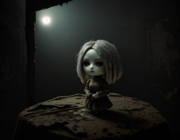 Surreal Chibi Doll in Dark Room Oil Painting