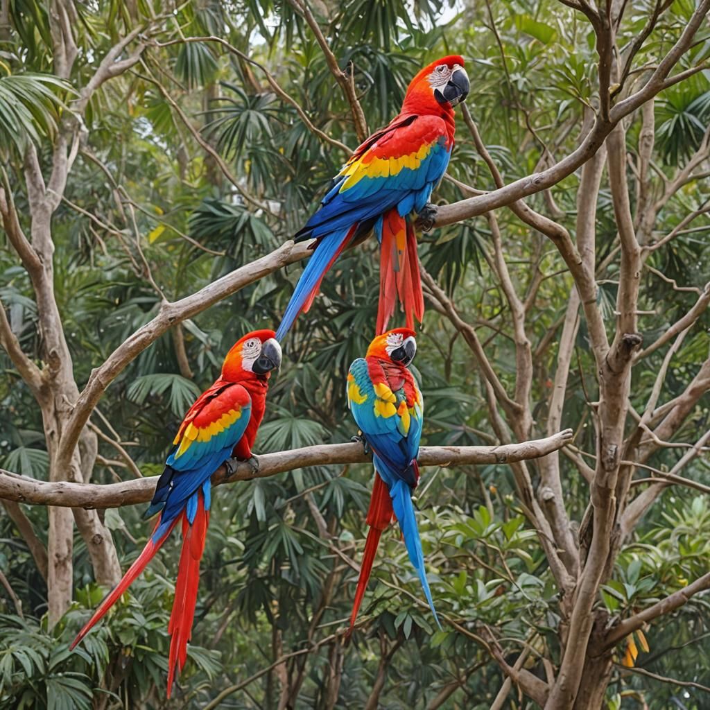 Colorful Macaws on a Branch