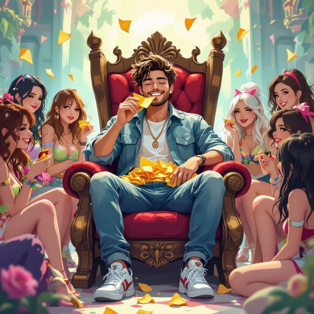 King Jack Devours Chips Surrounded by Adoring Girls