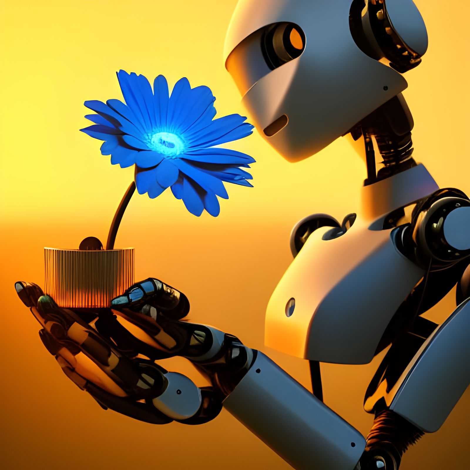Robot Holding Bioluminescent Flower: Digital Illustration