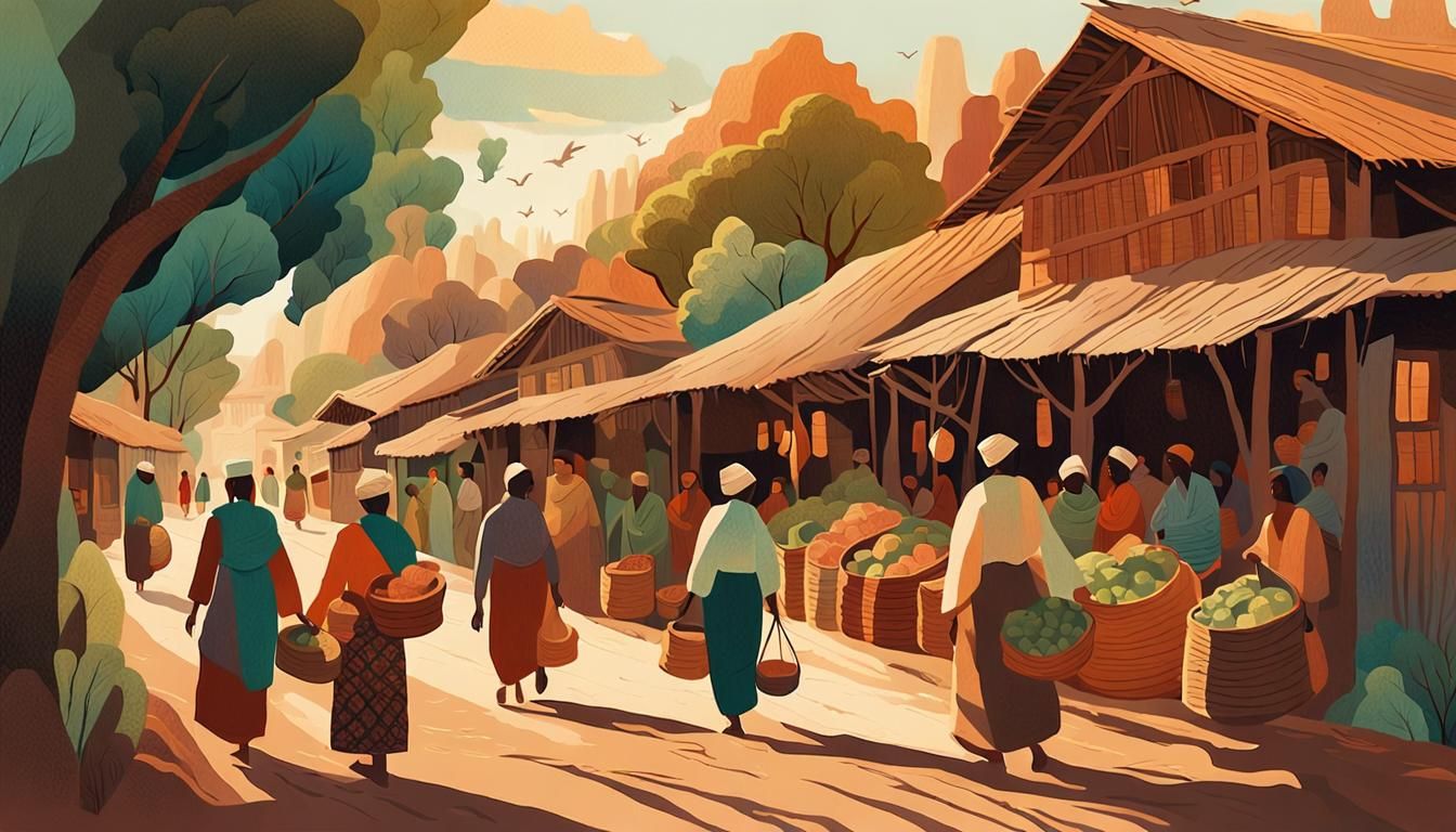 Vibrant Folklore Illustration of a Busy Village