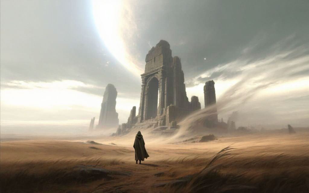 Solitary Figure Amidst Colossal Ancient Ruins in Digital Pai...