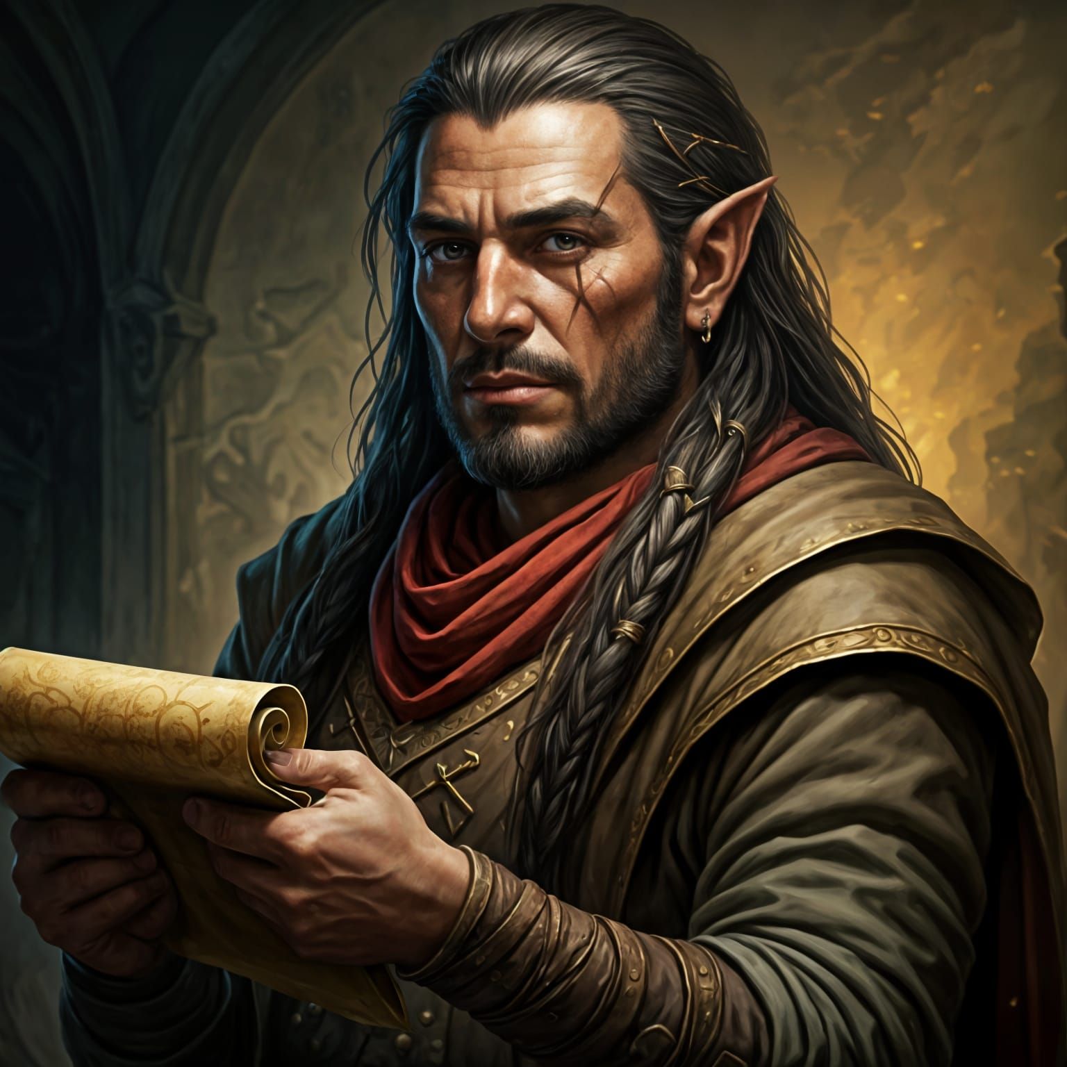 Fantasy Halfling Merchant Unfurls Ancient Magic Scrolls