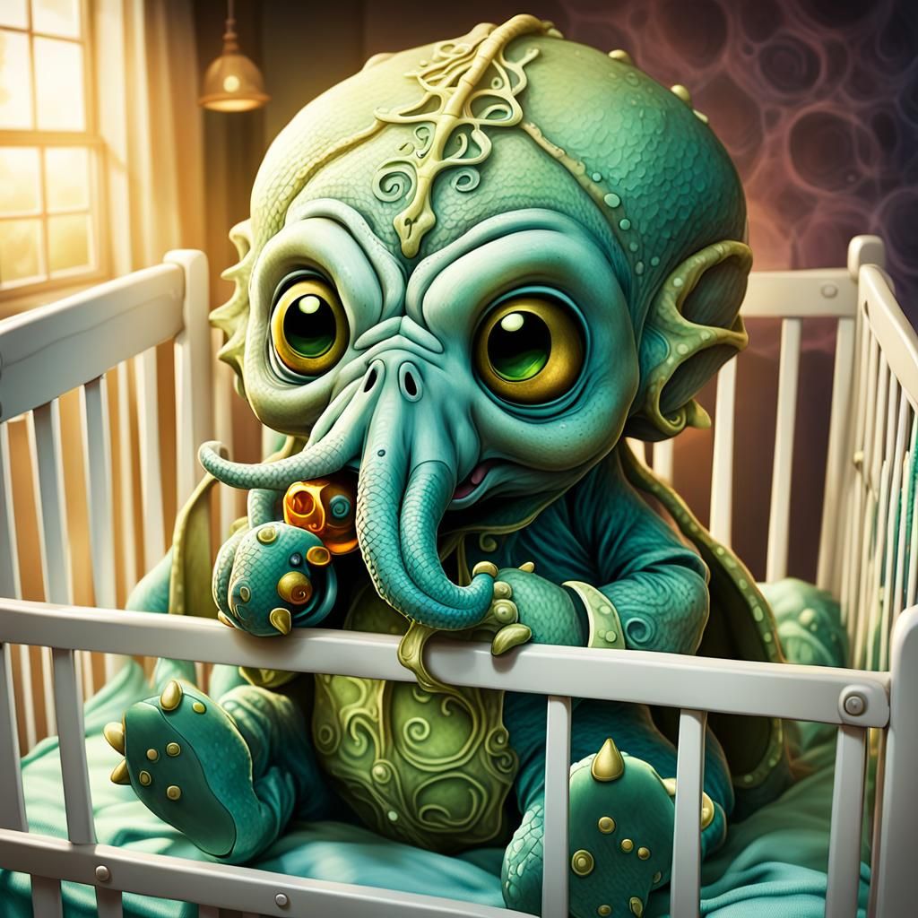 Baby Cthulhu in Crib: Lovecraftian Concept Art