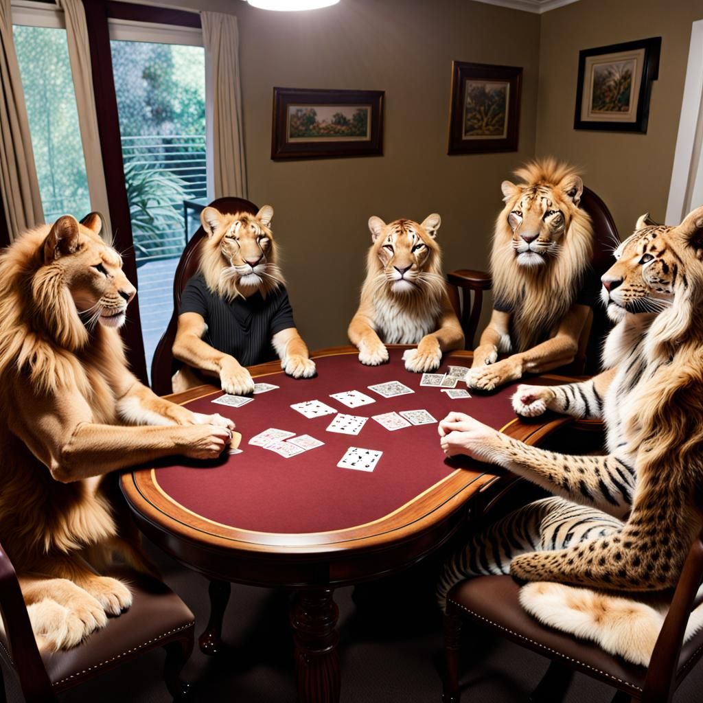 Big Cats Playing Poker Around a Table