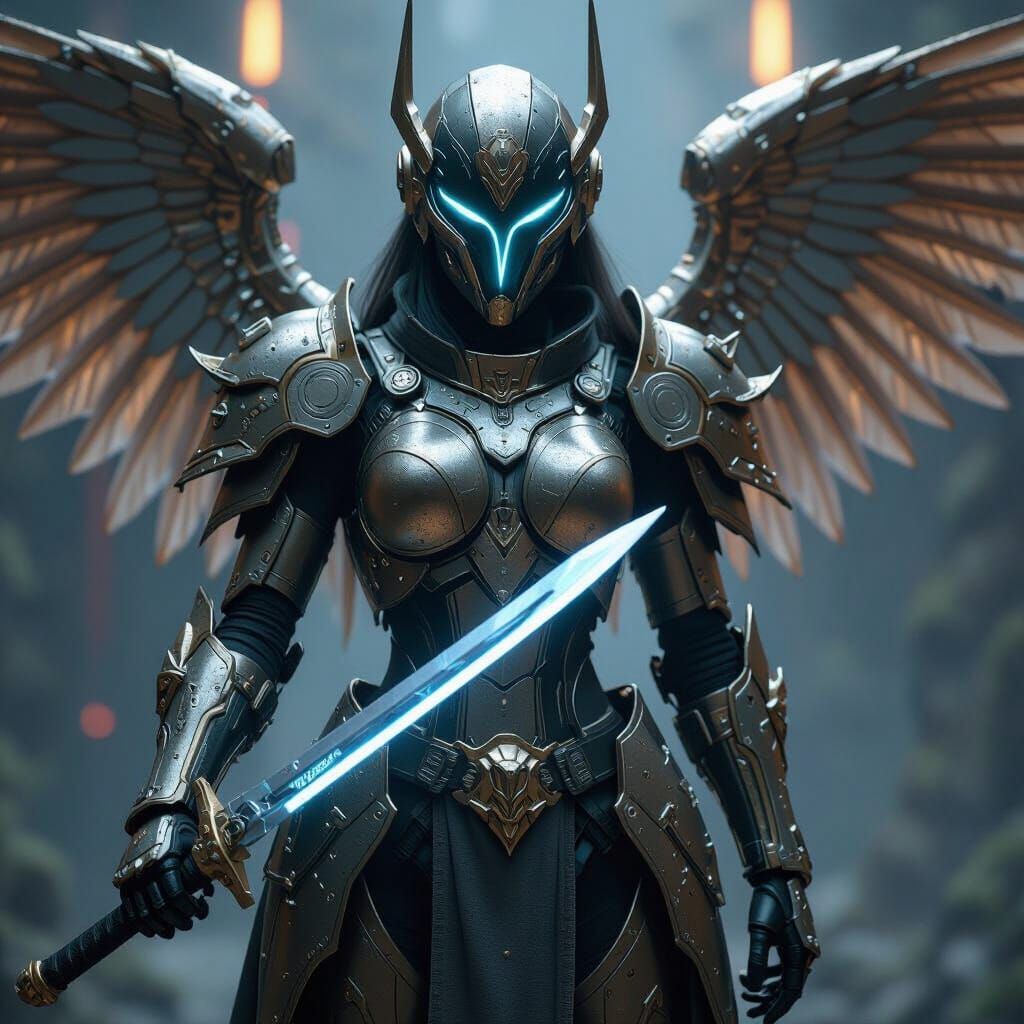 Mecha Knight Princess Warrior with Gilded Cyberpunk Armor