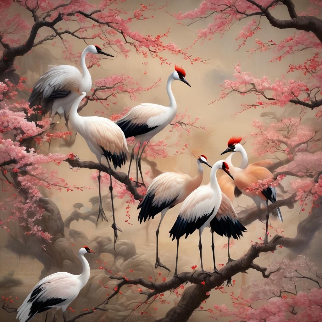 Pink Plum Blossoms and Cranes in Asian Digital Painting